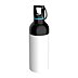 Einzelne weiße Werbe-Trinkflasche DUIX STEEL 750 ml mit schwarzem Deckel, Karabiner und blauem Silikonring auf weißem Hintergrund
