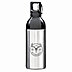 Silberne Werbe-Trinkflasche DUIX STEEL 750 ml mit schwarzem Deckel, Karabiner und grauer Lasergravur des Wuiderer-Logos auf dem Edelstahlkorpus