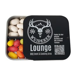 Werbe-Dose mit süßen Füllungen und bedrucktem Deckel