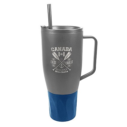 Werbe-Vakuumbecher-Thermobecher WEMBLEY XXL in grau mit blauer Manschette