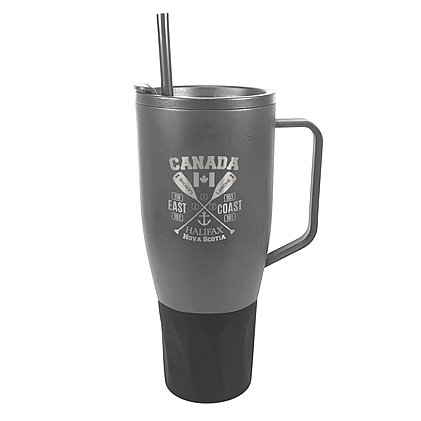 Werbe-Vakuumbecher-Thermobecher WEMBLEY XXL in grau mit schwarzer Manschette