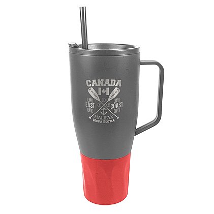 Werbe-Vakuumbecher-Thermobecher WEMBLEY XXL in grau mit roter Manschette