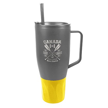 Werbe-Vakuumbecher-Thermobecher WEMBLEY XXL in grau mit gelber Manschette