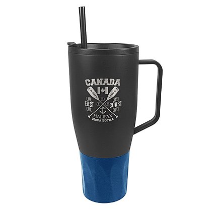 Werbe-Vakuumbecher-Thermobecher WEMBLEY XXL in schwarz mit blauer Manschette