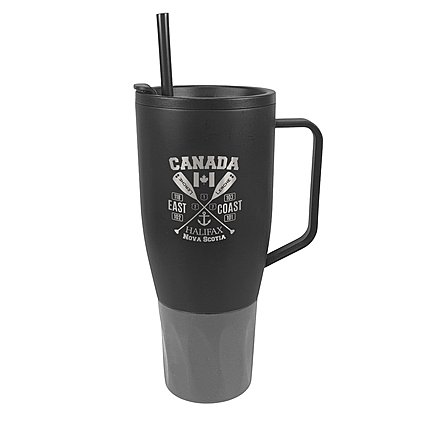 Werbe-Vakuumbecher-Thermobecher WEMBLEY XXL in schwarz mit grauer Manschette