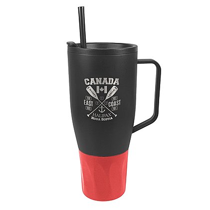 Werbe-Vakuumbecher-Thermobecher WEMBLEY XXL in schwarz mit roter Manschette