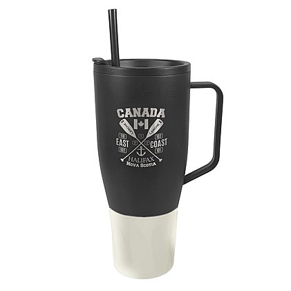 Werbe-Vakuumbecher-Thermobecher WEMBLEY XXL in schwarz mit weißer Manschette