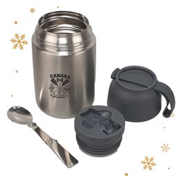 Lunchbox mit Löffel im Deckel integriert, aufgeschraubt und Logo vorne drauf